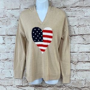 Marled Beige V-Neck Sweater with Flag Heart